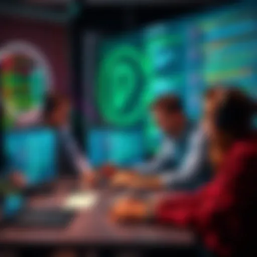 A group of PHP developers collaborating on a new CMS project, discussing ideas and coding together, with computer screens showing code and design elements.