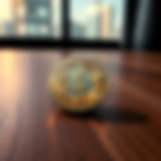 A shiny physical Bitcoin coin placed on a wooden table, representing cryptocurrency value.
