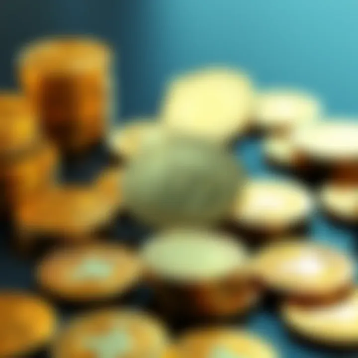 A collection of shiny physical Dogecoin coins displayed on a table, showcasing their design and appeal to collectors.