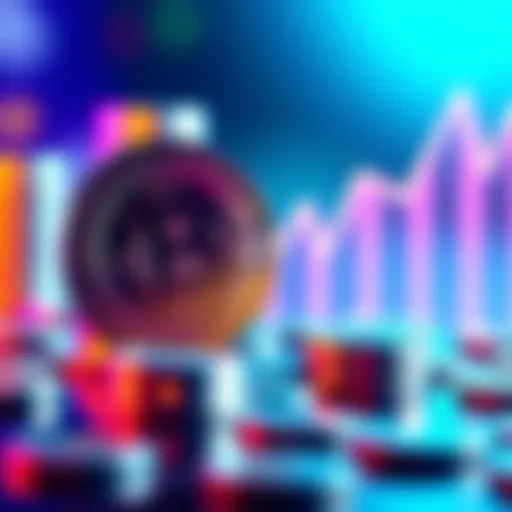 A digital representation of PI Coin with a rising trend line and coins stacked in the background.