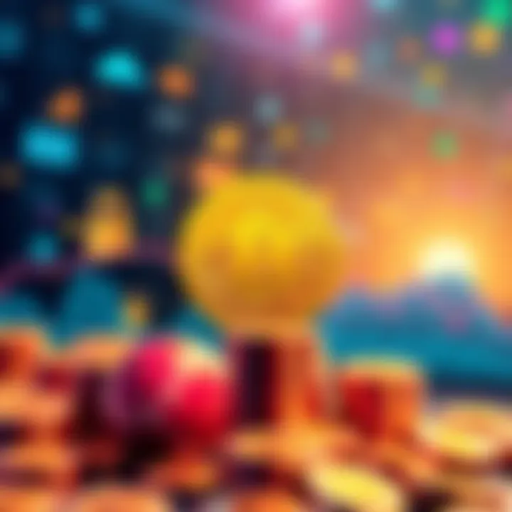 Illustration depicting the distribution and migration of Pi Coins with graphical elements representing locked coins and data analysis.