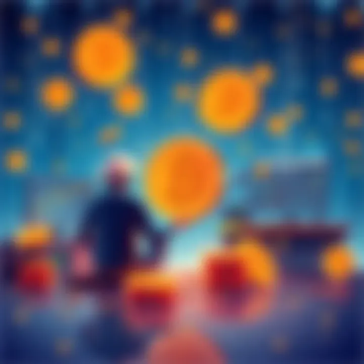 Illustration of users mining Pi Network tokens on mobile and desktop devices, highlighting the digital blockchain environment.