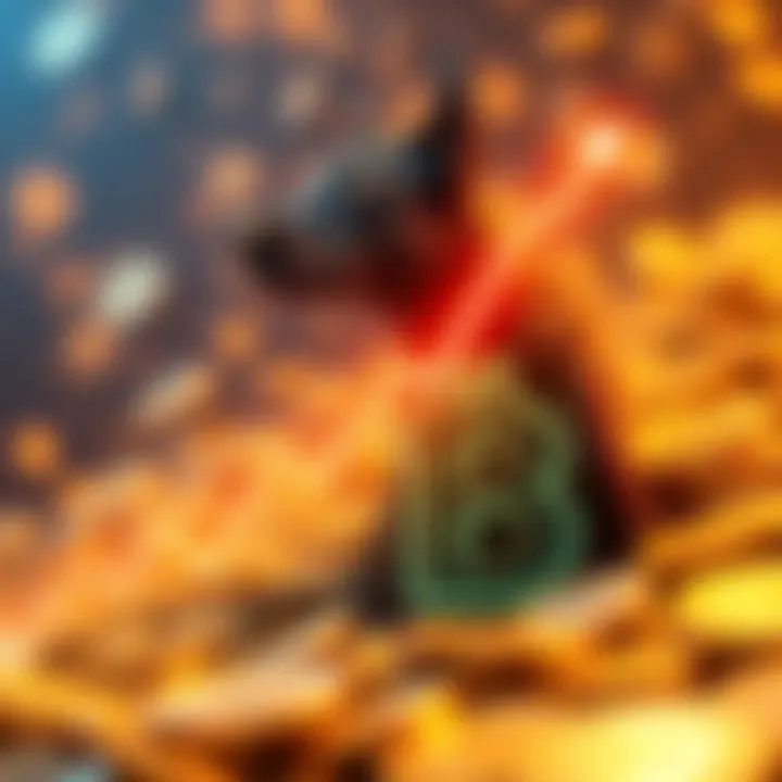 A graphic showing the increasing trend of Pi Network Dog cryptocurrency, featuring a rising graph and golden coins background.