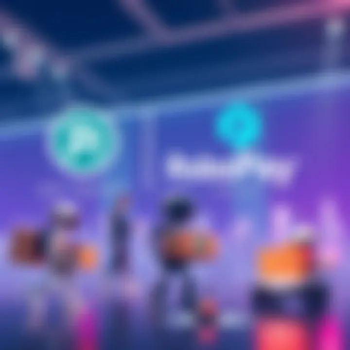 Illustration showing Pi Network logo and RoboPay logo with robots performing various tasks like delivery and inspection, symbolizing a payment system for robotic services.