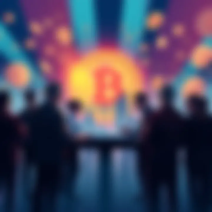Illustration showing a group of people discussing Pi Network, with tokens and digital currency symbols in the background, reflecting tension and concern over token sales.