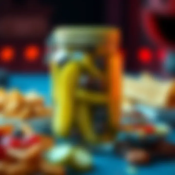 Pickle and snack connection A jar of pickles with a snack spread, showing a whimsical link between pickles and pop culture