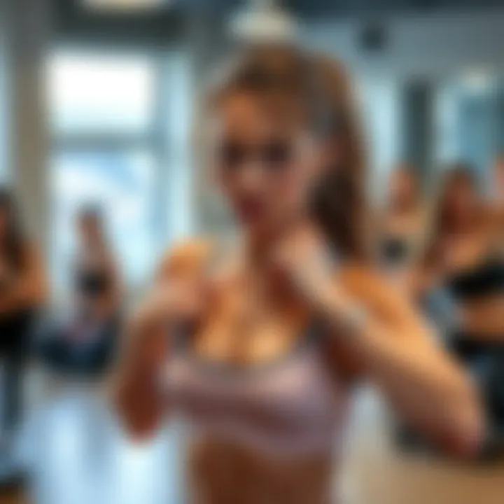 A university student struggling in a Pilates class, looking embarrassed while trying to adjust her tight sports bra amid her classmates.