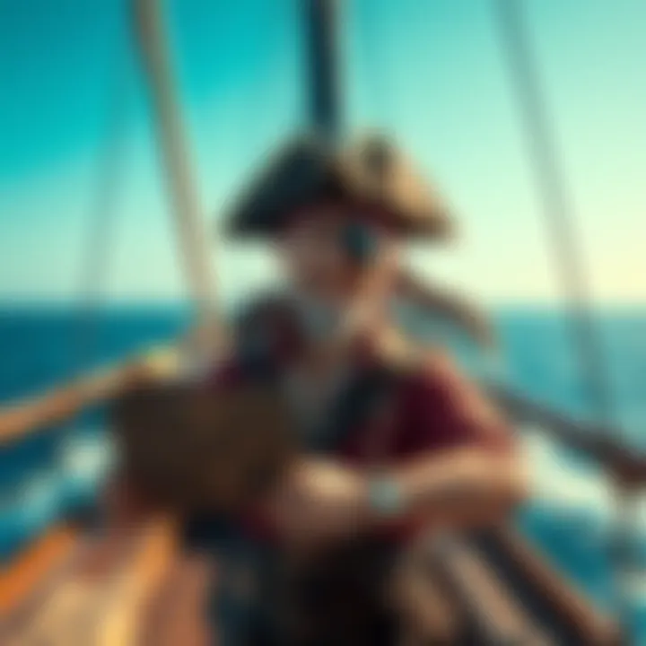 A cheerful pirate with a hat and eyepatch, standing on a ship deck with a treasure map, surrounded by a clear blue sky and ocean waves.