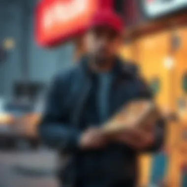 A pizza delivery driver stands with a unique token given by a customer, pondering its value.