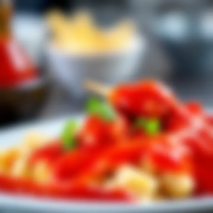 Plate of food with extra chilli sauce A close-up of a delicious dish topped with vibrant extra chilli sauce, showcasing its bright red color and appealing texture.