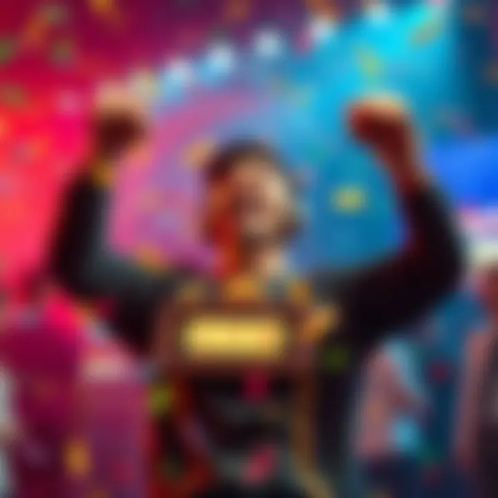 Player Celebrates Jackpot Win A joyful player celebrating their jackpot win after the latest update, surrounded by colorful confetti and bright lights.