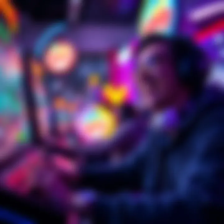 A gamer with a joyful expression playing a humorous game, surrounded by colorful graphics and a lively gaming atmosphere.