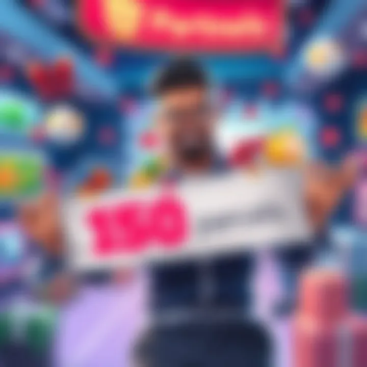 Player celebrating 150 parcels achievement A player with a joyful expression holding a banner that reads 150 parcels, surrounded by colorful game items representing their progress, with a game environment in the background.