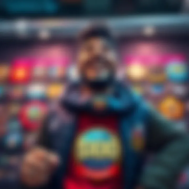 A happy player celebrating reaching the $100 milestone on a user board, surrounded by badges they earned, with a cheerful expression.