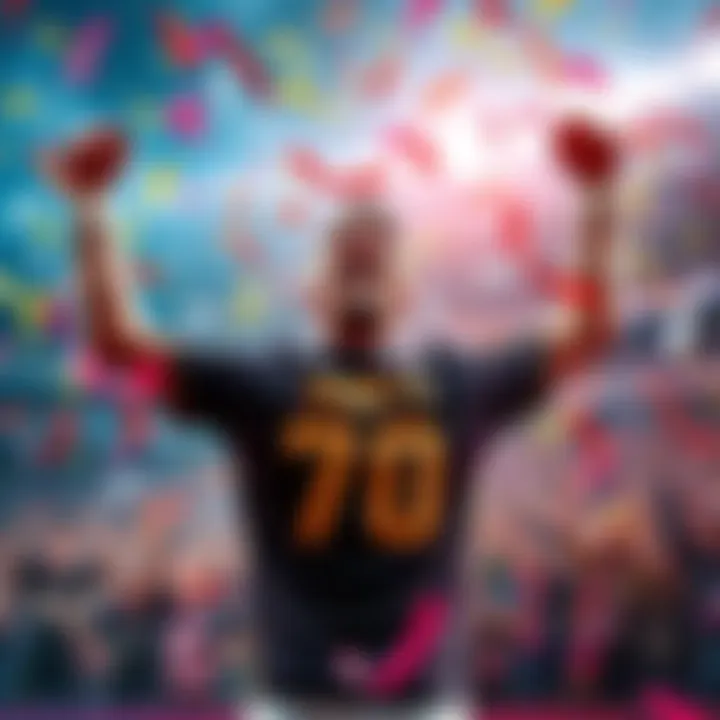 A player cheers with arms raised after scoring 70 points for five days in a row, surrounded by confetti and excited fans