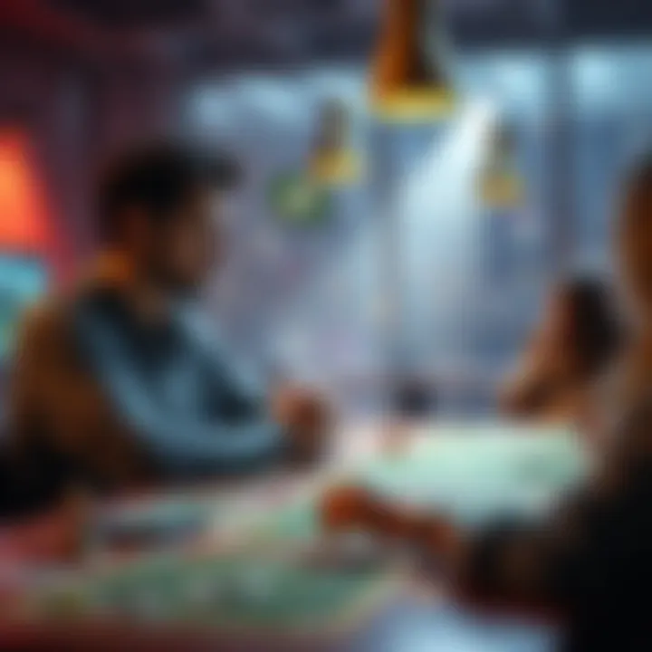 A player sits at a game table contemplating a decision between earning a badge or acquiring more land plots.