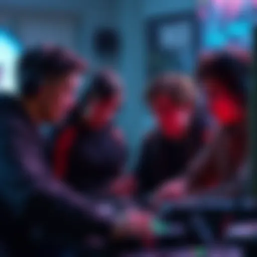 Group of players discussing the lack of horror in a new game event, showing disappointment on their faces, with gaming equipment around them.
