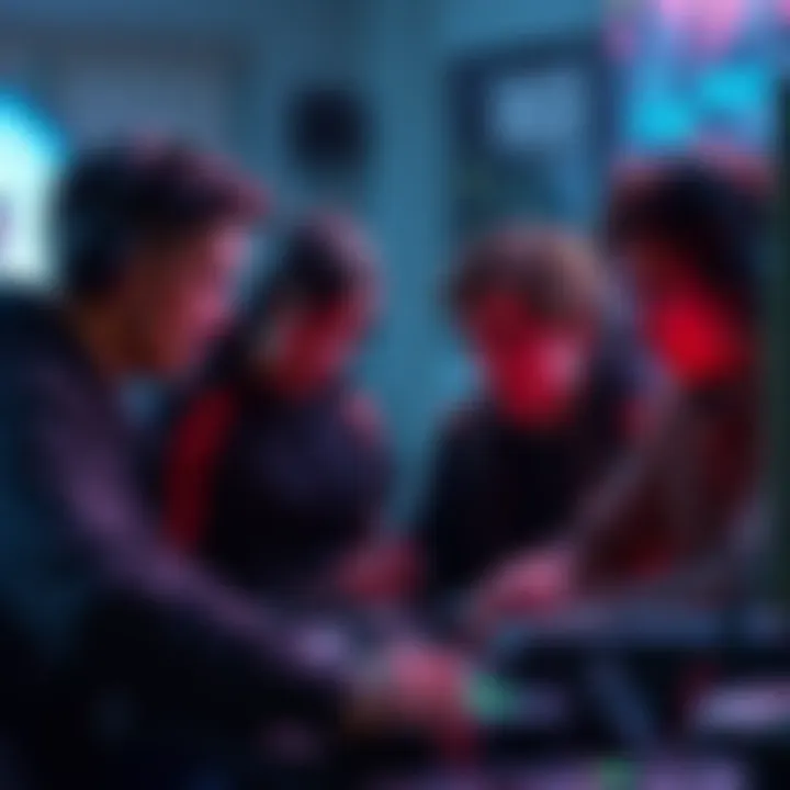 Group of players discussing the lack of horror in a new game event, showing disappointment on their faces, with gaming equipment around them.