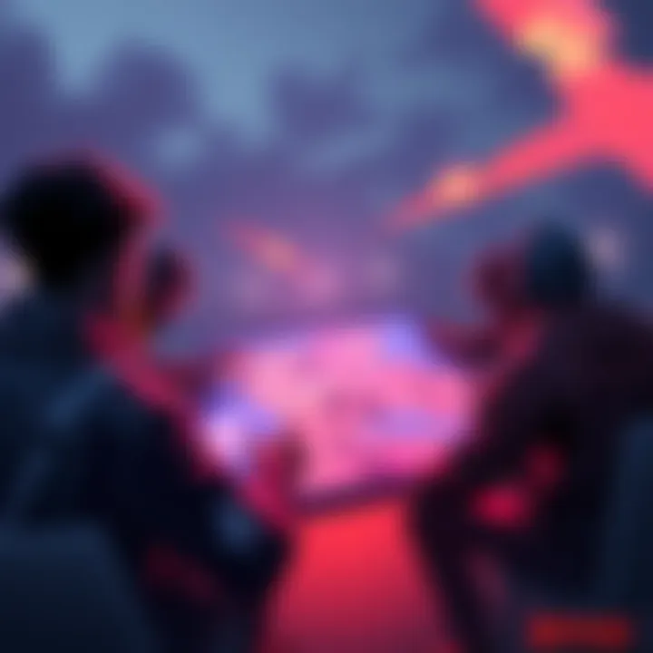 Players are gathered around a digital map discussing the future of Land Purchase Units in landmark zones, looking concerned.