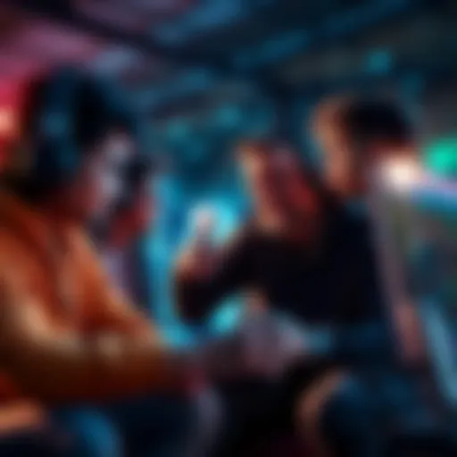 A group of gamers discussing responsibility in gaming, with one player pointing at a game console.