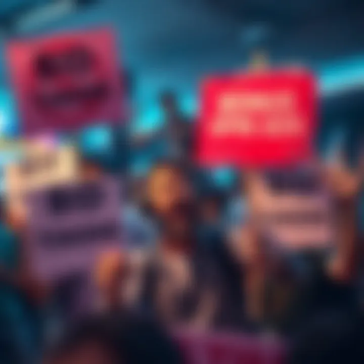 Players expressing frustration, holding signs against bid tokens and bonus spin ads in a gaming community setting