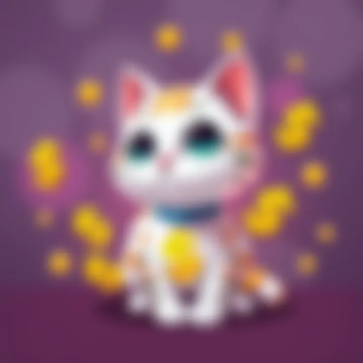 A cartoonish cat character representing Baby Cash Cat with dollar signs around it, symbolizing the memecoin concept, set against a vibrant background.