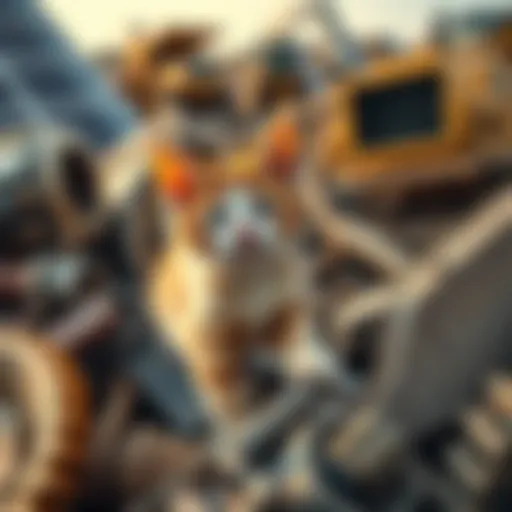 A curious cat explores a pile of mining equipment at a solar farm, adding a fun twist to the day.