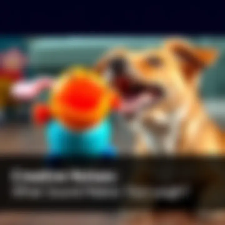 A colorful dog toy squeaking, with a dog nearby looking excited and playful, creating a cheerful atmosphere.