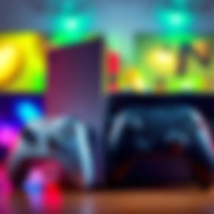 Two gaming consoles side by side, one PlayStation and one Xbox, showcasing their designs and controllers.
