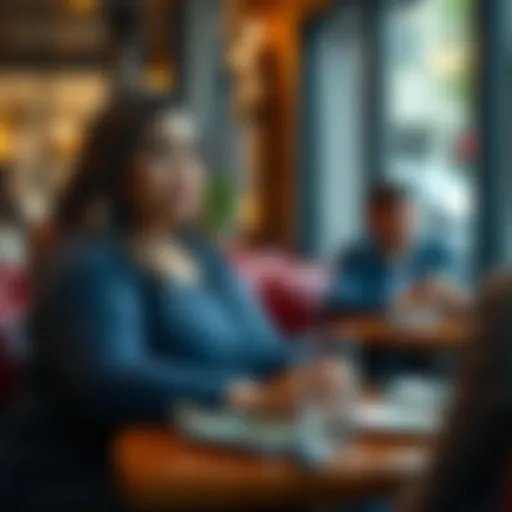 A plus-sized woman sitting at a cafe table, looking frustrated while on a date with a straight-sized man, showcasing the challenges in their interaction.