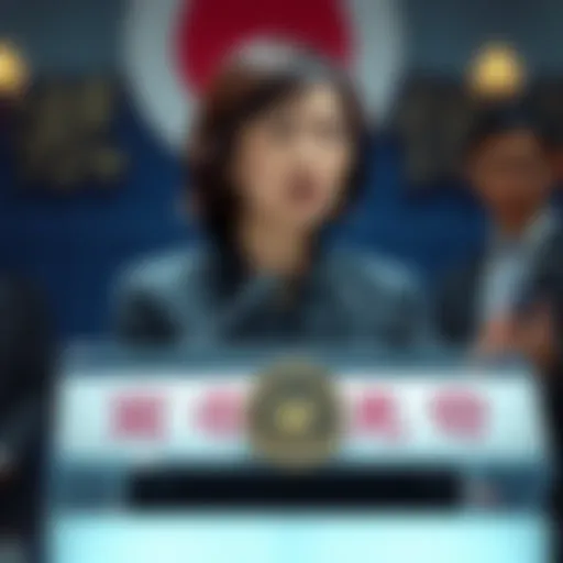 Japan's Prime Minister Sanae Takaichi speaking at a podium, rejecting the Solana meme coin after a significant value drop.