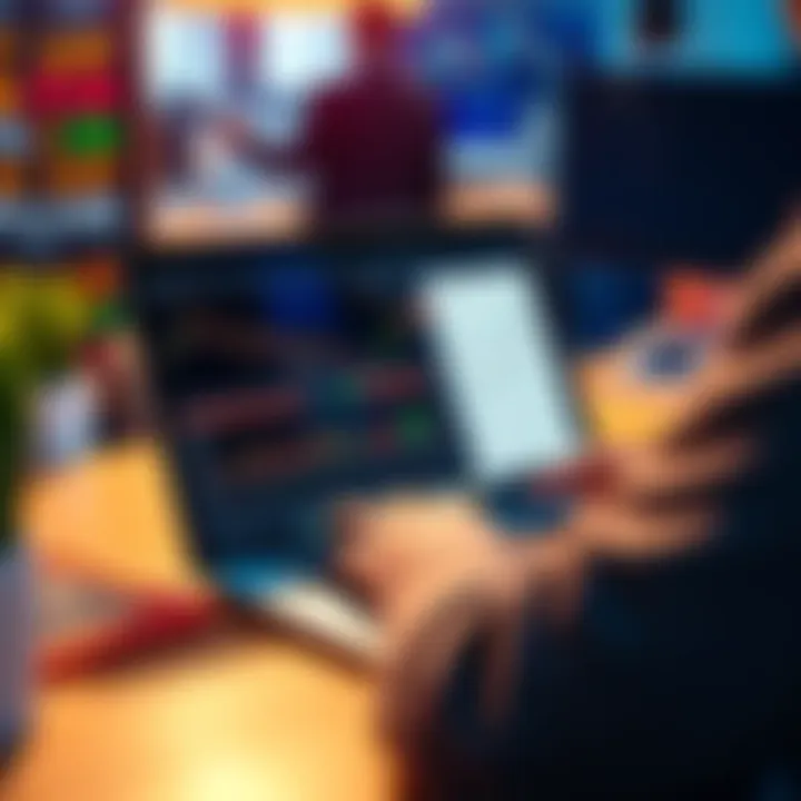 A trader analyzing Pocket Broker platform on a laptop, showing mixed reviews and a chart of trading performance.