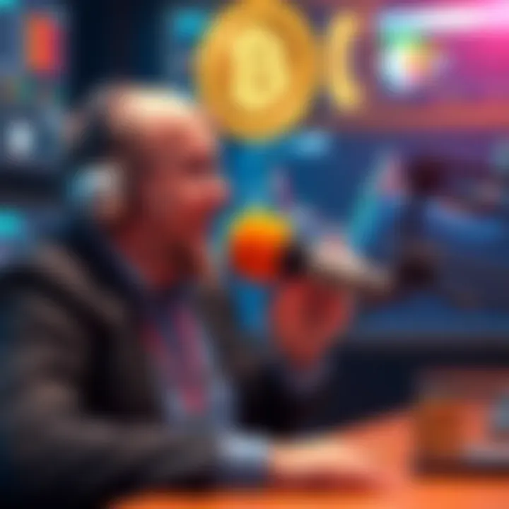 A person talking into a microphone about Bitcoin on a podcast, with charts and coins in the background.