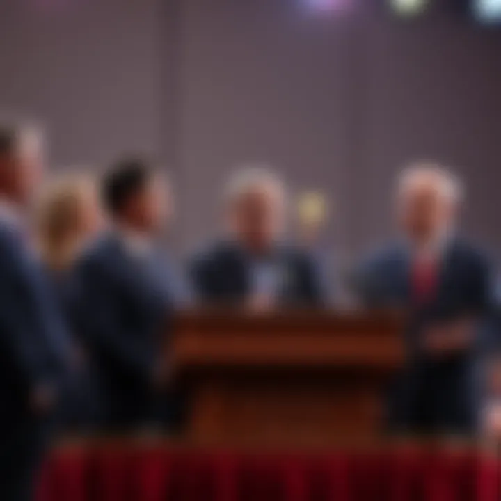 A group of key figures discussing a controversial topic at a podium with microphones
