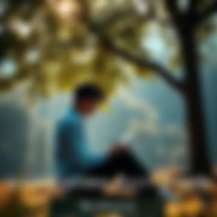 A person sitting quietly under a tree, writing in a notebook, surrounded by nature and soft sunlight