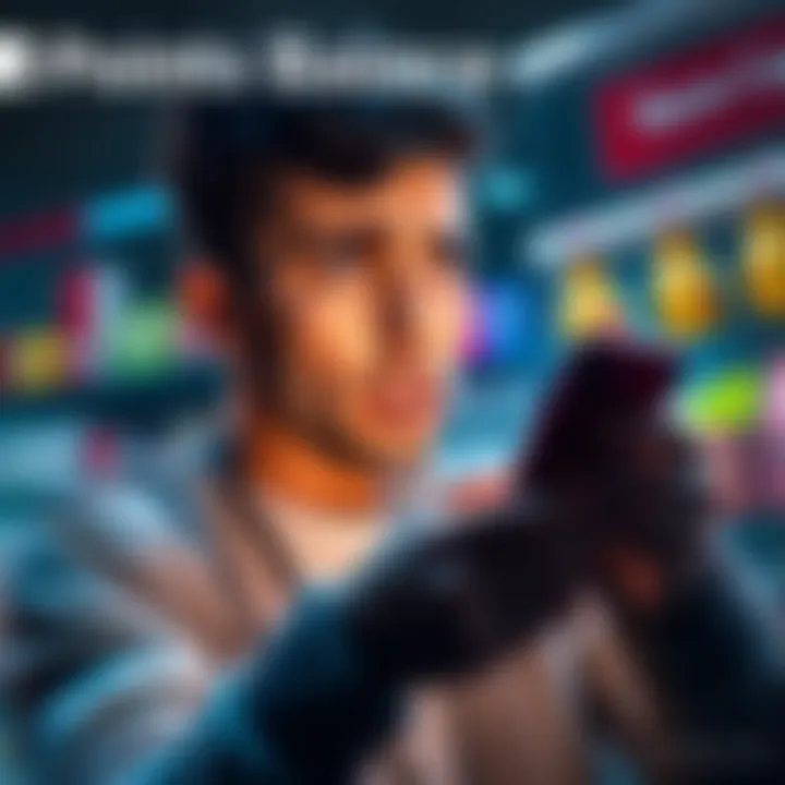 A person looks worried while checking their points balance on a smartphone, with purchase items in the background.