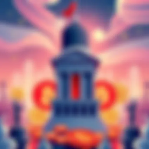 Illustration showing banks influencing crypto legislation with a backdrop of stablecoins and Bitcoin symbols