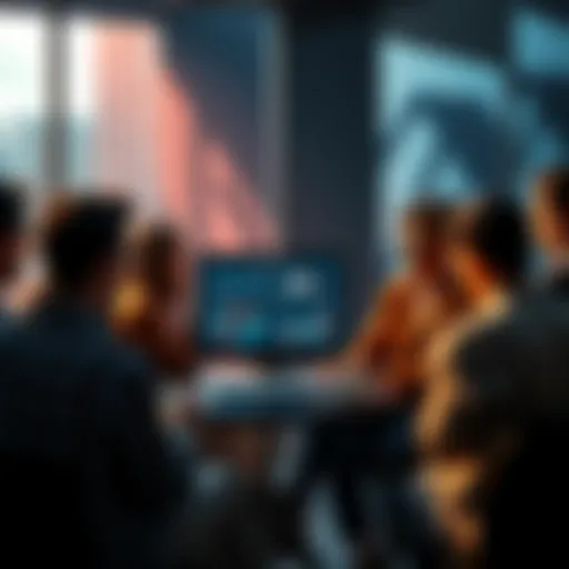 A group of people engaged in a conversation about Polkadot and decentralization, with a laptop open displaying digital charts and graphs.