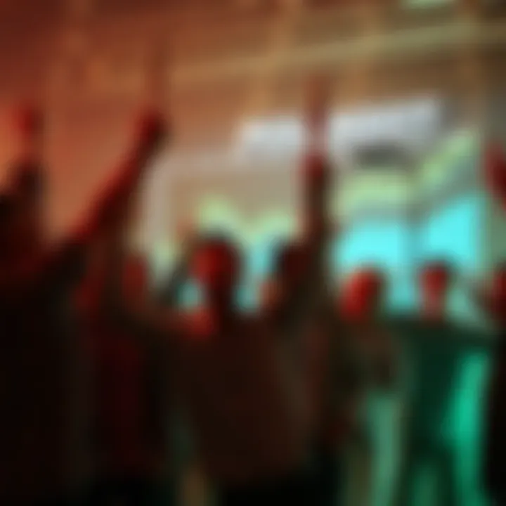 A group of happy investors celebrating the sellout of Polkadot Cores, with charts showing market growth in the background.