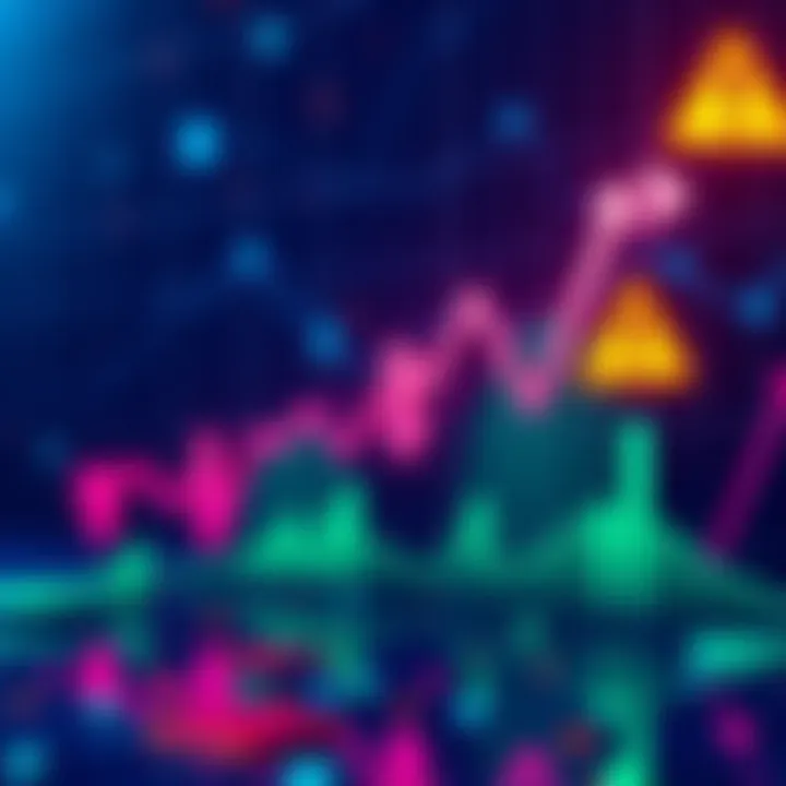 Chart showing Polkadot's market cap decline with downward arrows and caution signs, representing risks and future projections for DOT.