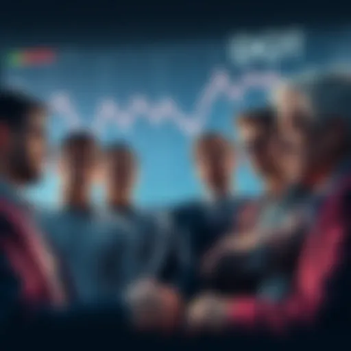 A group of investors looking worried as they discuss the rising salaries of Polkadot executives, with charts showing the decline of the DOT currency in the background.