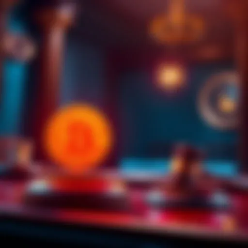 A courtroom scene with a gavel and Bitcoin icons, symbolizing the lawsuit against Polymarket regarding its Bitcoin sale settlement.