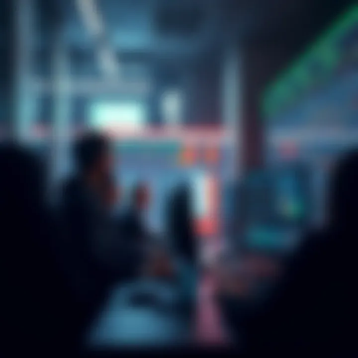 A group of professionals analyzing data and trading strategies on screens related to prediction markets.