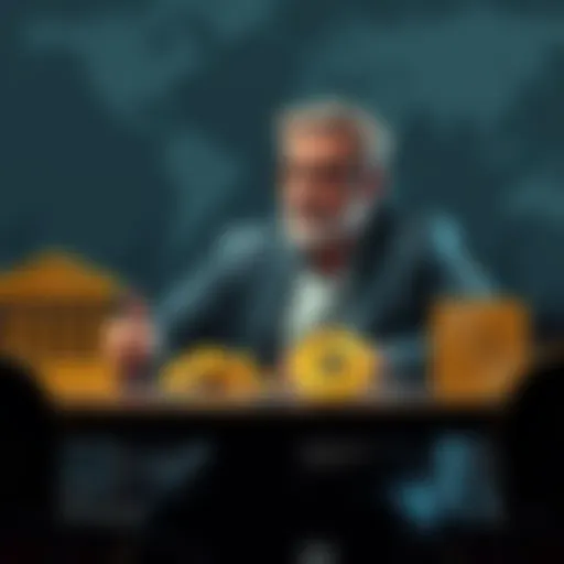 A Ponzi schemer sitting at a table with bank symbols and crypto icons, looking contemplative about financial trust.