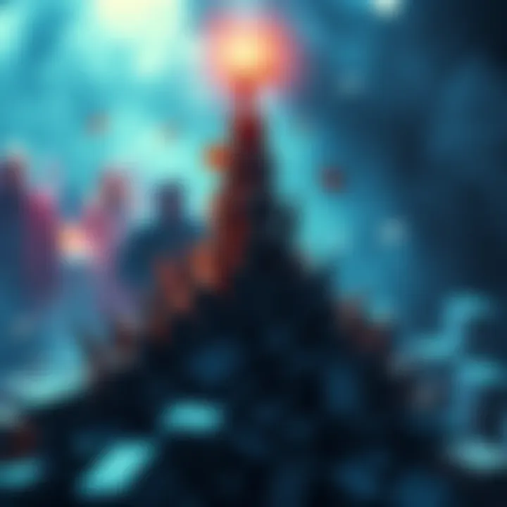 A visual representation of a Ponzi scheme, featuring people stacked in a pyramid, with money symbols to illustrate financial risk and speculation.