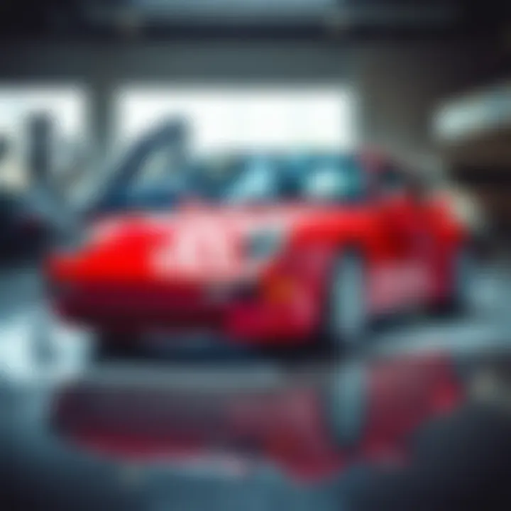 A red Porsche 993 displayed in a dealer's showroom, showcasing its sleek design and polished exterior.