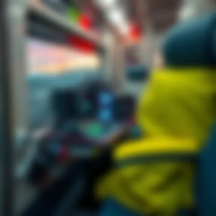A portable mining setup on a train seat, showcasing small mining devices like Bitaxe Gamma and NerdQaxe++ with train scenery in the background.