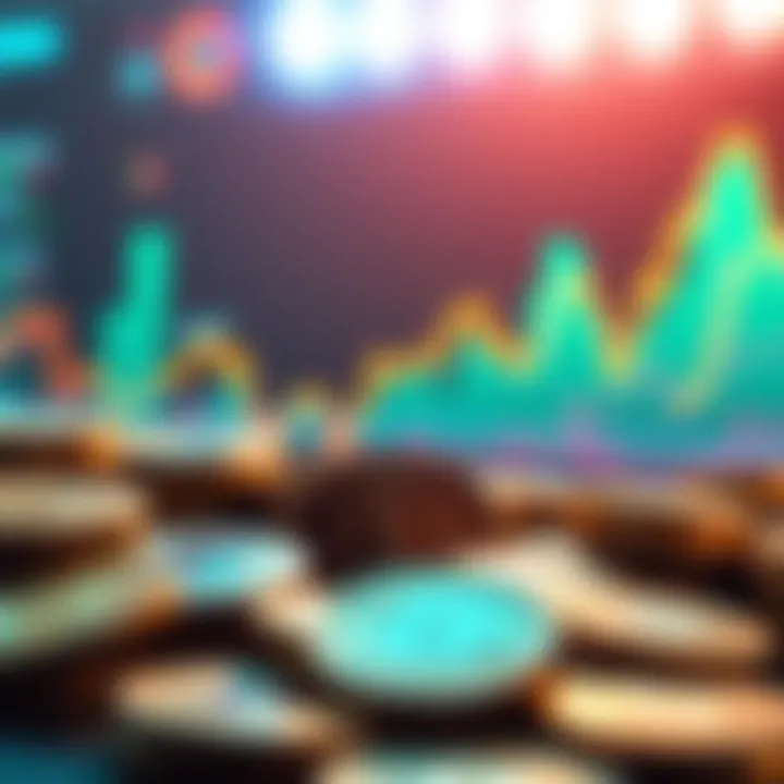 A graph showing upward trends in cryptocurrency values with coins in the foreground and a bright background