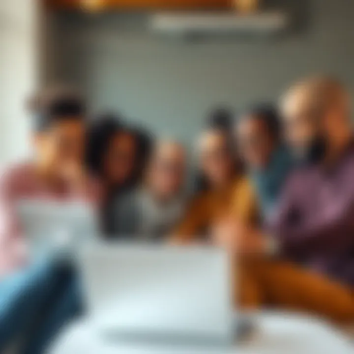 A group of diverse people sitting around a laptop, sharing smiles and positive messages on social media. They are engaging thoughtfully as they interact online.