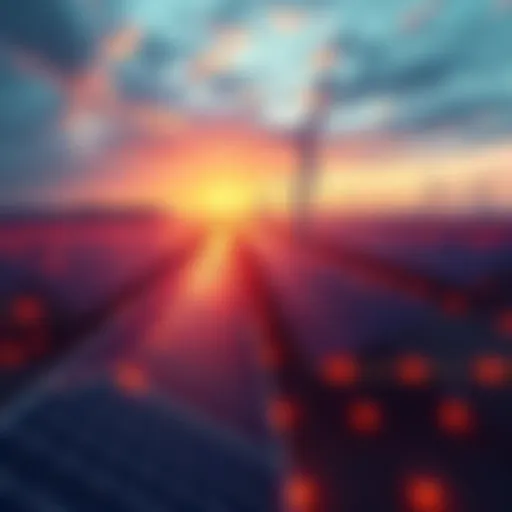 Aerial view of a power grid with solar panels and wind turbines, symbolizing innovation in energy delivery.
